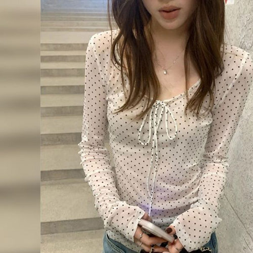 夏季外穿新款慵懒风波点打底衫薄款长袖T恤女修身显瘦微透上衣女