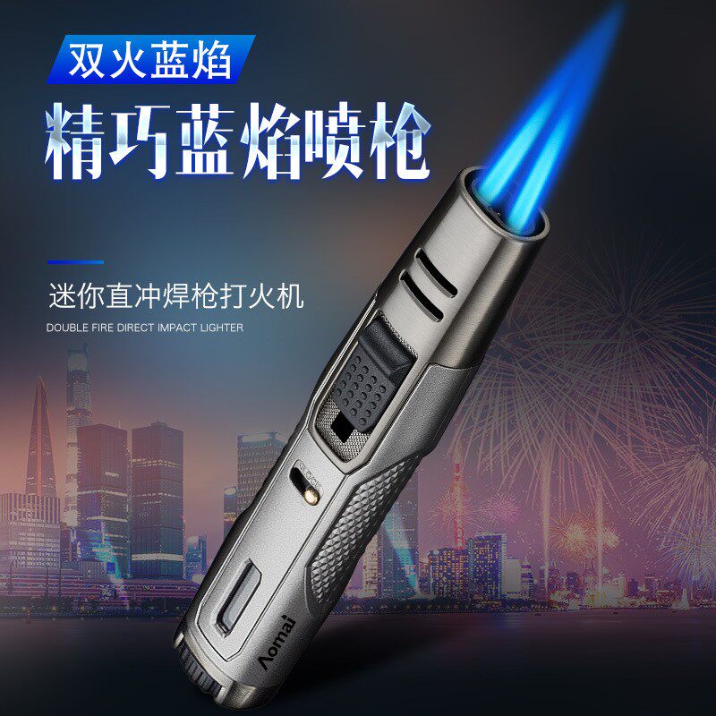 户外双直冲蓝焰打火机防风充气全金属个性电子艾灸点火器笔式焊枪