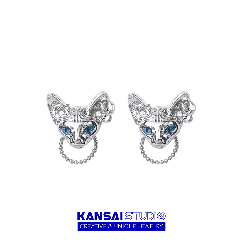 KANSAI新款暗黑猫头耳钉女冷淡风酷潮小众耳环欧美个性潮流耳饰