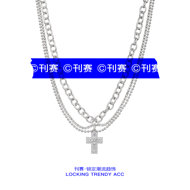 多层水钻十字架圆珠链叠戴项链