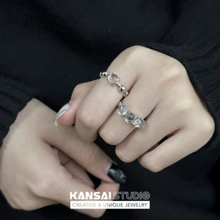 开口可调节高级感指环手饰品 KANSAI新款 玻璃珠戒指冷淡风小众个性
