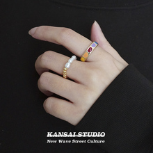 KANSAI两件套彩色爱心戒指圆珠不规则珍珠特别设计感小众气质指环