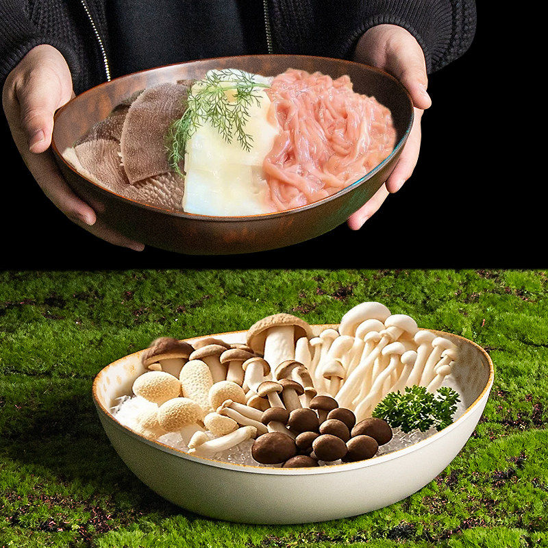 山野风火锅餐具鹅肠黄喉毛肚三脆拼盘菌菇拼盘干冰盘子山缓缓同款