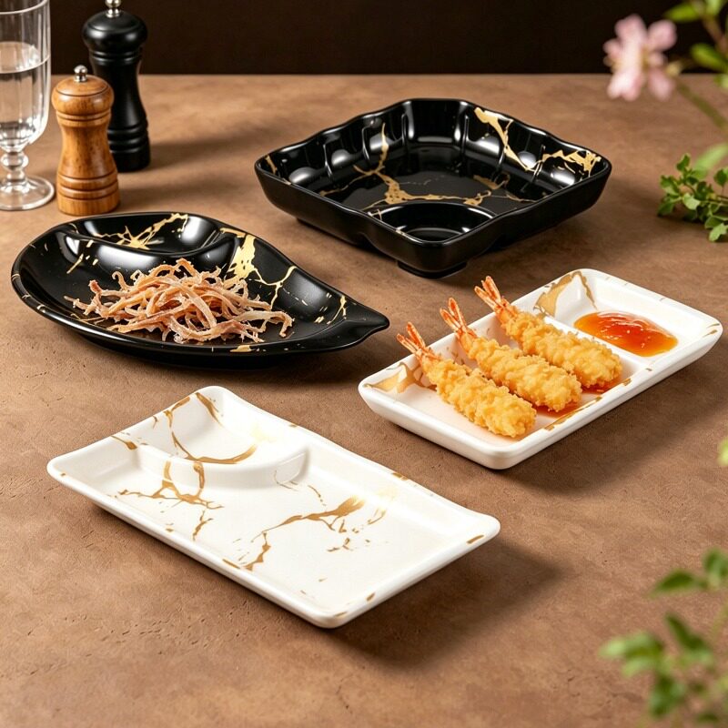 密胺仿瓷分格商用饺子盘带酱碟