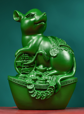 绿色木雕老鼠摆件实木十二生肖鼠雕刻家居客厅装饰红木送礼工艺品