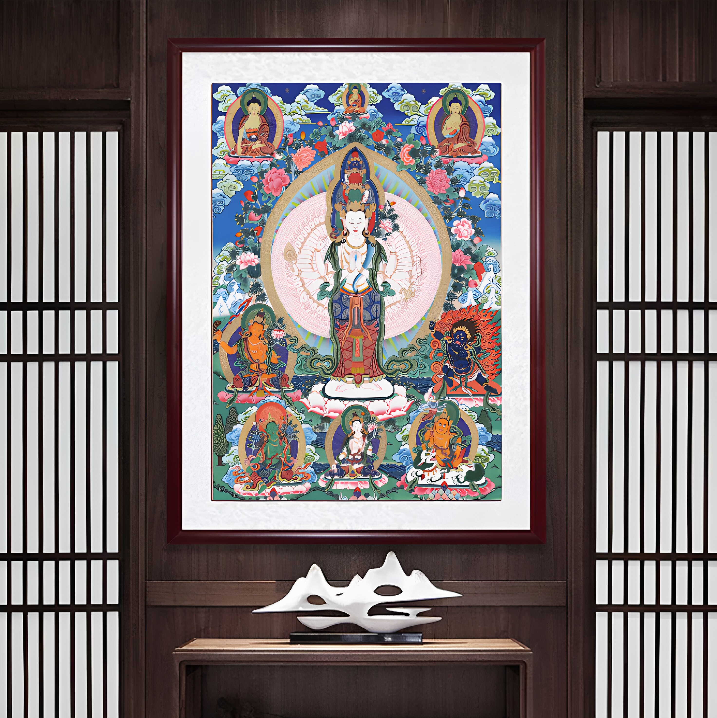 千手千面观音唐卡挂画藏式佛像装饰画客厅玄关供奉画吉祥镇宅画像