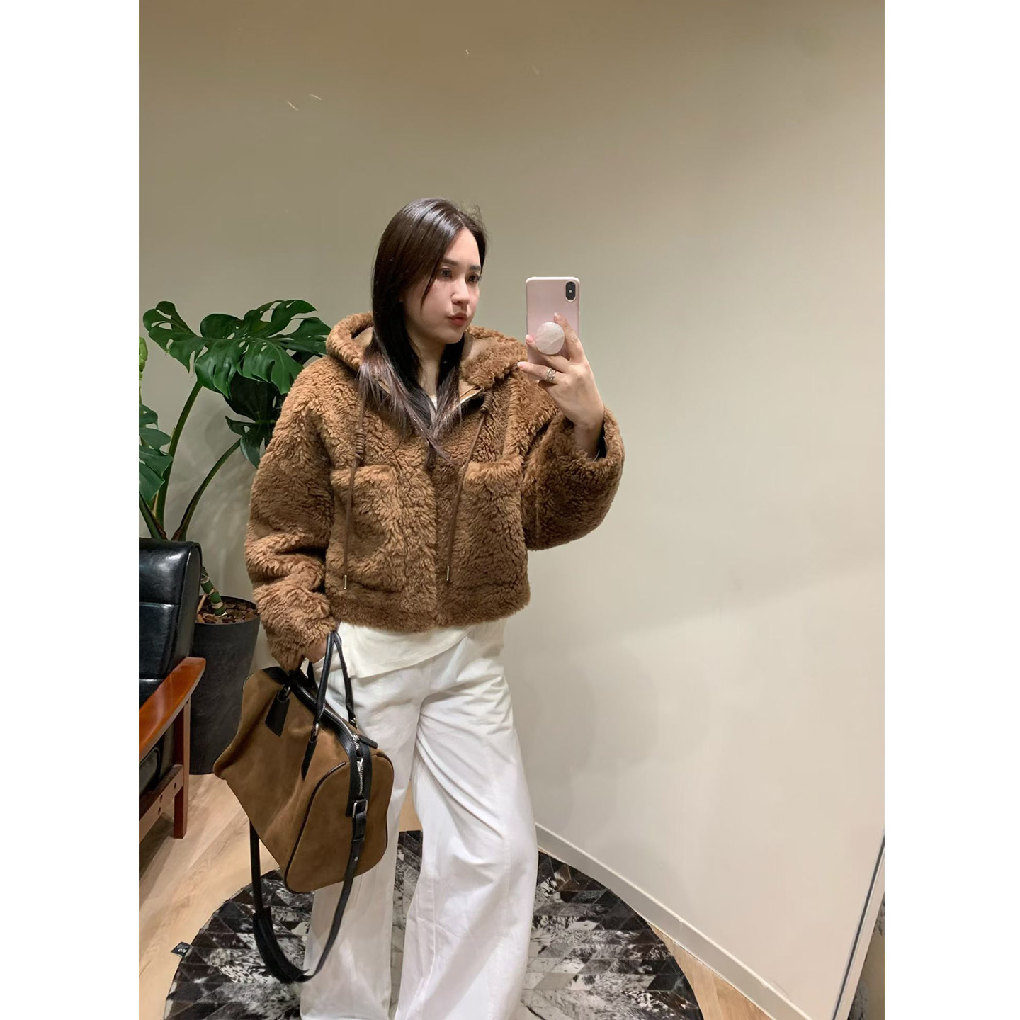 美一MEIYI泰迪色100羊毛连帽羊毛颗粒绒短款大衣宽松休闲外套女