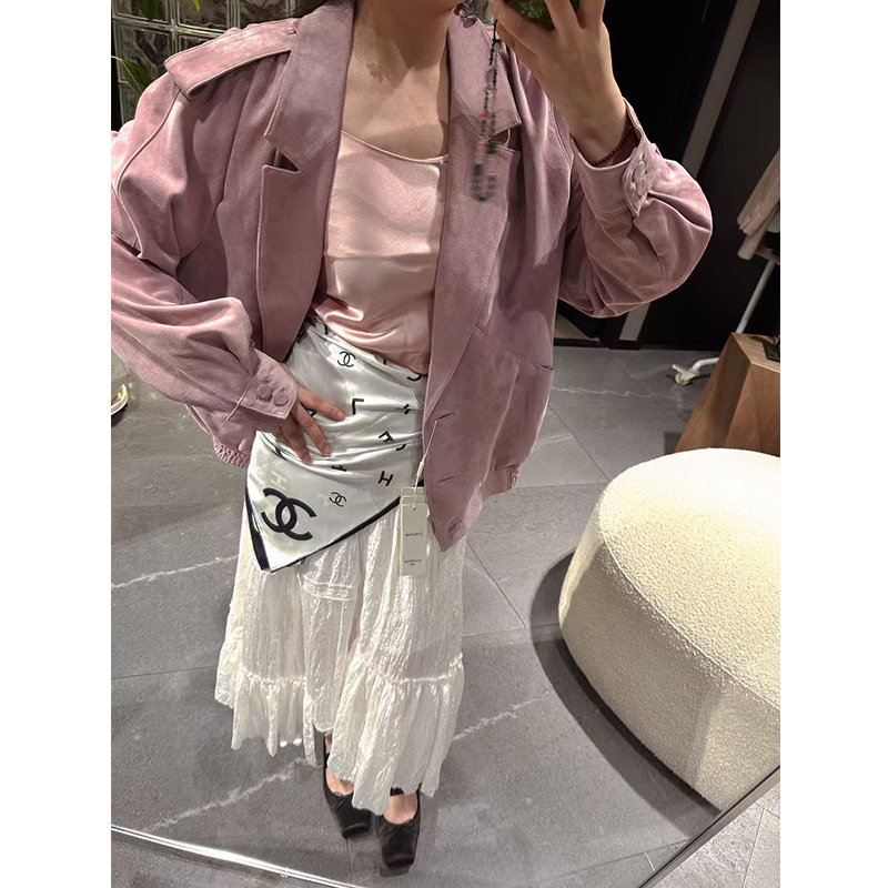 美一MEIYI粉紫色山羊反绒皮中古宽松版真皮皮衣气质显白皮夹克女