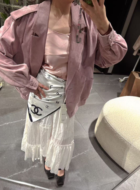 美一MEIYI粉紫色山羊反绒皮中古宽松版真皮皮衣气质显白皮夹克女