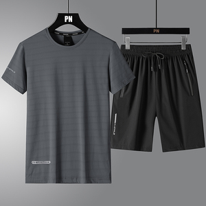 ZJ夏透气冰丝男士短袖t恤套装夏季潮流休闲潮牌加肥加大男装短套