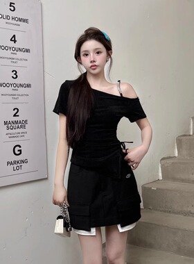 Three Quarters 抽褶不对称醋酸短袖针织衫袖t恤女2024新款春季