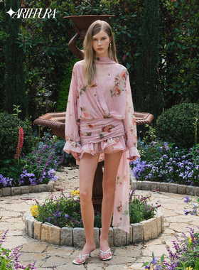 ARTE PURA2025早秋新款飘带印花连衣裙小众v领长袖衬衫裙短裙子