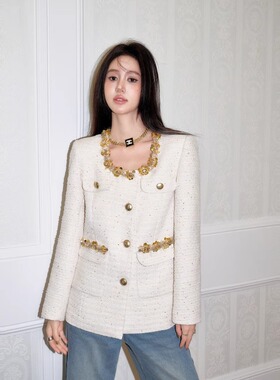 Three Quarters白色重工珠片钻饰方领粗花呢外套时尚小香风上衣女