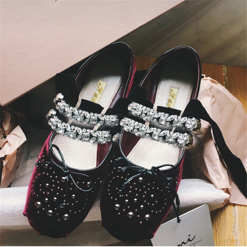 MIU BALLET STRAPS SUEDE SHALLOW RHINESTONE SINGLE SHOES FLAT BOTTOM NEW COMFORTABLE AND SOFT BOTTOM WOMENS SHOES WILD