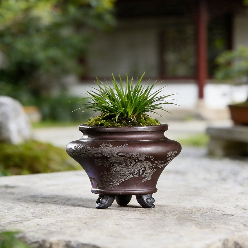 内径5*5cm精品紫砂三足香炉式圆口小花盆桌面多肉微型盆景花盆