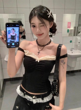 【260克人棉莫代尔】夏季别致减龄设计感一字肩蕾丝拼接背心女装