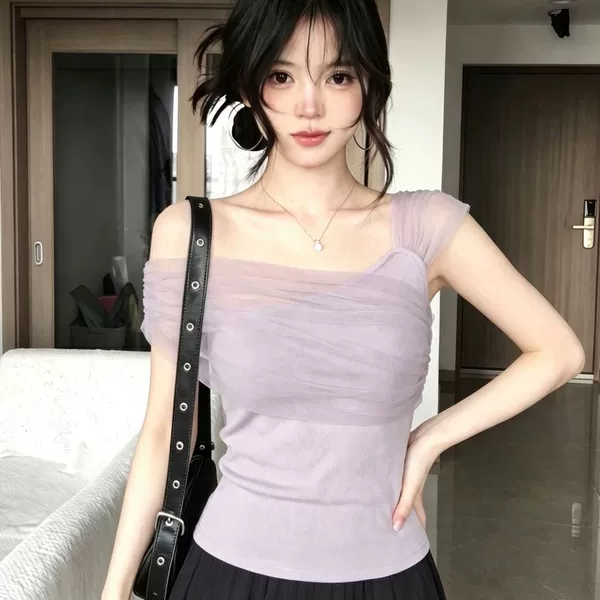 紫色浪漫风网纱一字肩无袖T恤女夏季修身显瘦露肩设计感百搭上衣