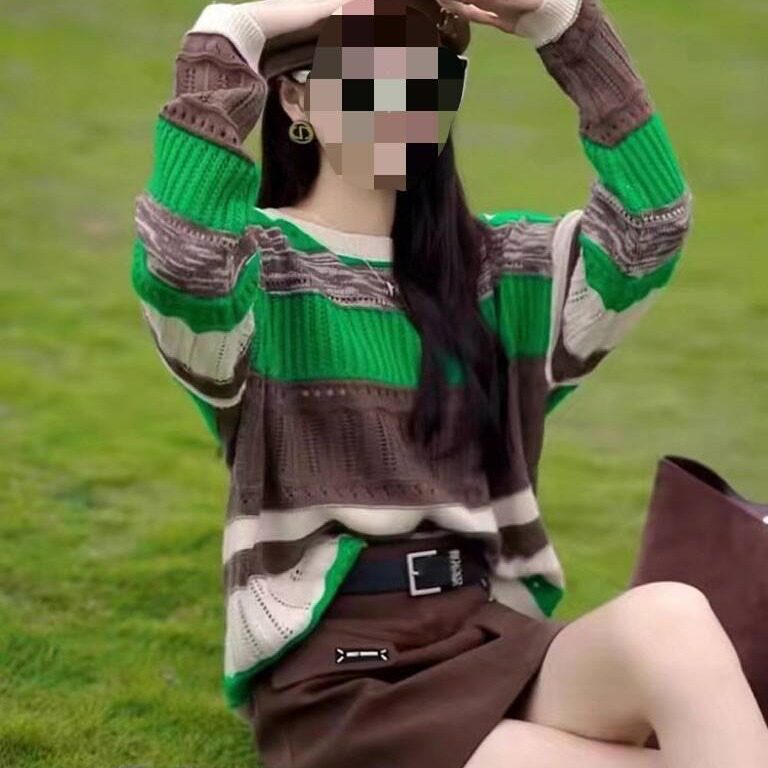 撞色拼接洋气减龄条纹针织毛衣女春季宽松慵懒风百搭休闲上衣潮