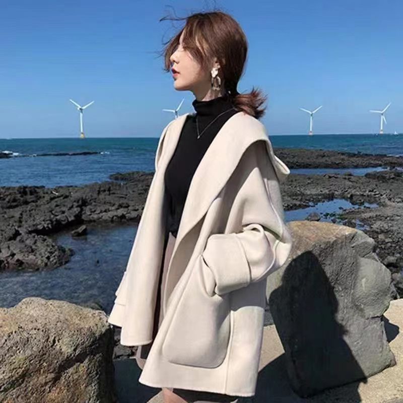 秋冬新款小个子洋气减龄短款加厚百搭森系连帽双面呢大衣外套女