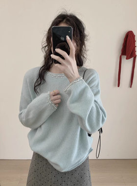 秋冬女装 针织衫 珍珠 圆领小香风 钉珠扣 韩系软糯套头毛衣女