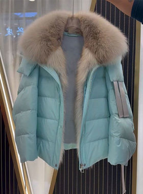 冬季蓝色连帽保暖厚外套洋气减龄羽绒服女小个子感棉服