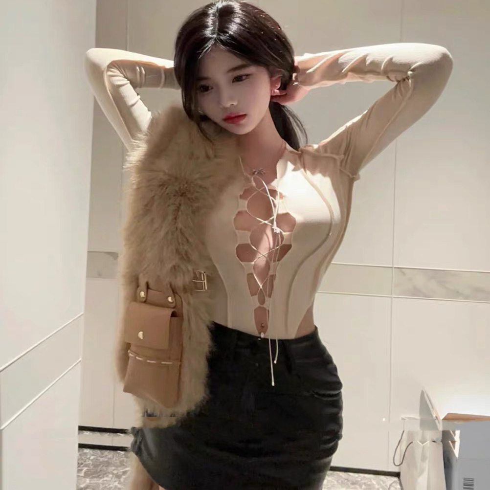 性感长袖系带镂空低胸修身连体T恤打底上衣皮草内搭女装