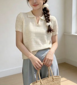 圣仕莲8606 显瘦polo翻领短袖针织衫女莱赛尔镂空冰丝上衣T