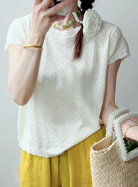 圣仕莲8351 夏季花边领短袖冰丝针织衫女镂空上衣防晒罩衫T恤上衣