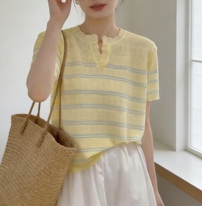 圣仕莲8607 显瘦花边V领条纹针织衫女莱赛尔冰丝镂空短袖上衣T恤