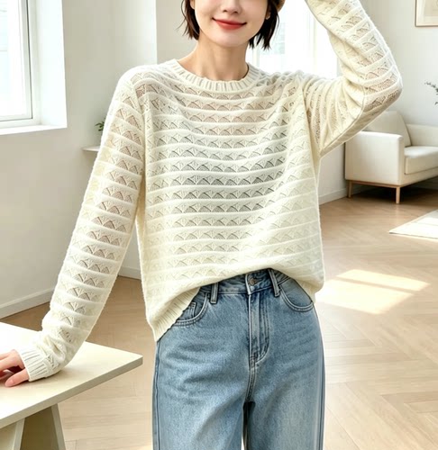 圣仕莲8718 宽松显瘦花边圆领镂空长袖针织衫女莱赛尔上衣套头衫T