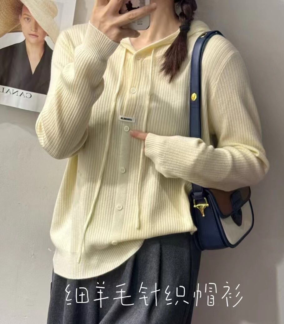 圣仕莲8211 宽松坑条连帽针织衫卫衣显瘦纽扣毛衣打底帽衫