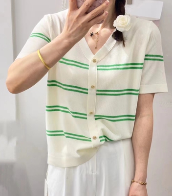 圣仕莲8023 V领冰丝条纹针织衫T恤女打底短袖宽松天丝棉外穿上衣