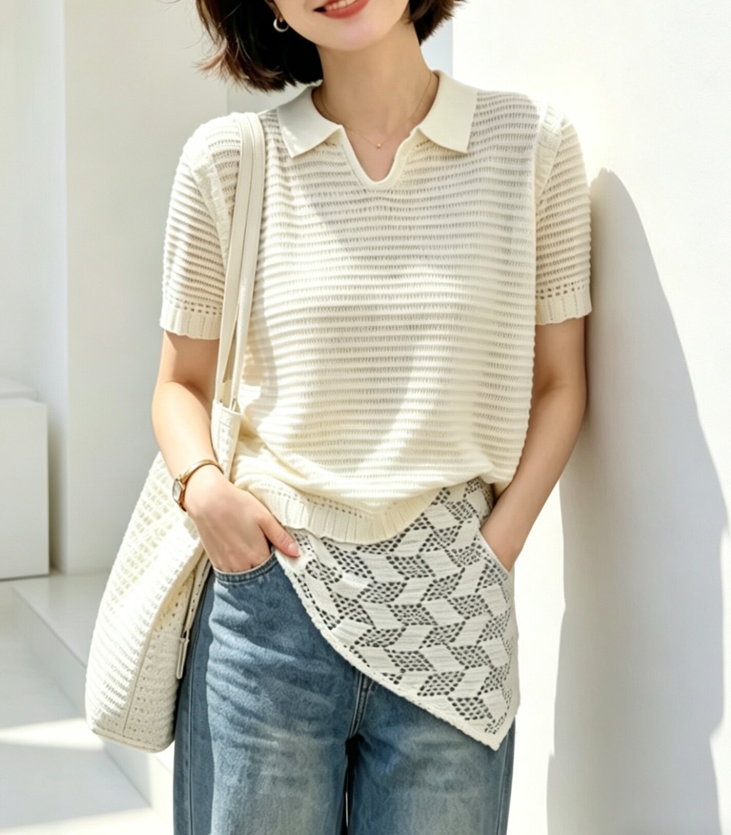 圣仕莲8629 显瘦翻领镂空针织衫女莱赛尔冰丝短袖上衣POLOT恤衫