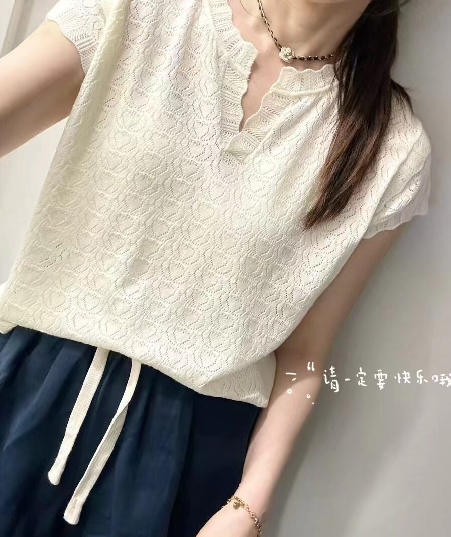 圣仕莲8387 显瘦V开领短袖冰丝针织衫女镂空飞飞袖莱赛尔上衣T恤