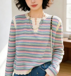 圣仕莲8583 宽松显瘦V领彩色条纹针织衫女莱赛尔冰丝打底衫上衣