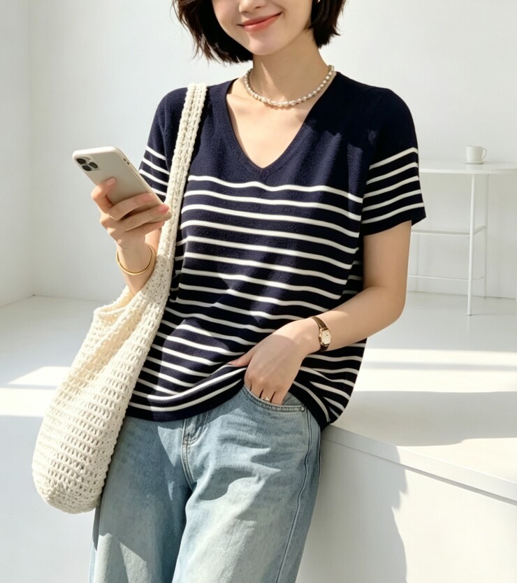 圣仕莲8679 宽松大版型v领条纹短袖针织衫女莱赛尔冰丝上衣薄T恤