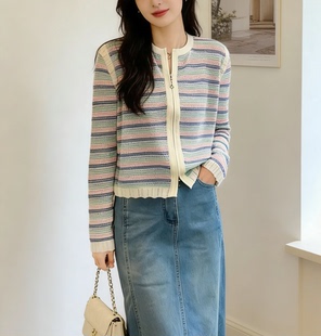 圣仕莲8599 圆领显瘦彩色条纹双头拉链针织开衫女莱赛尔冰丝外套