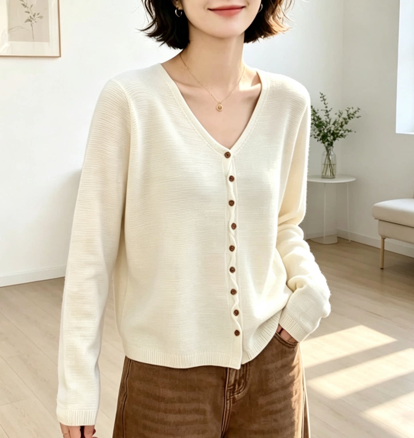 圣仕莲8732 宽松显瘦单排扣V领针织衫开衫女高级感纽扣毛衣外搭T