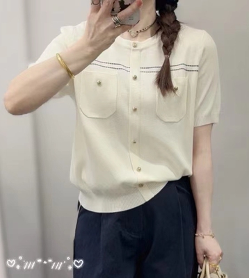 圣仕莲8307 小香风OL显瘦圆领针织衫女天丝上衣莱赛尔明线短袖T恤