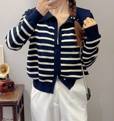 圣仕莲8467 显瘦减龄大翻领条纹针织开衫女莱赛尔上衣双拉链外套