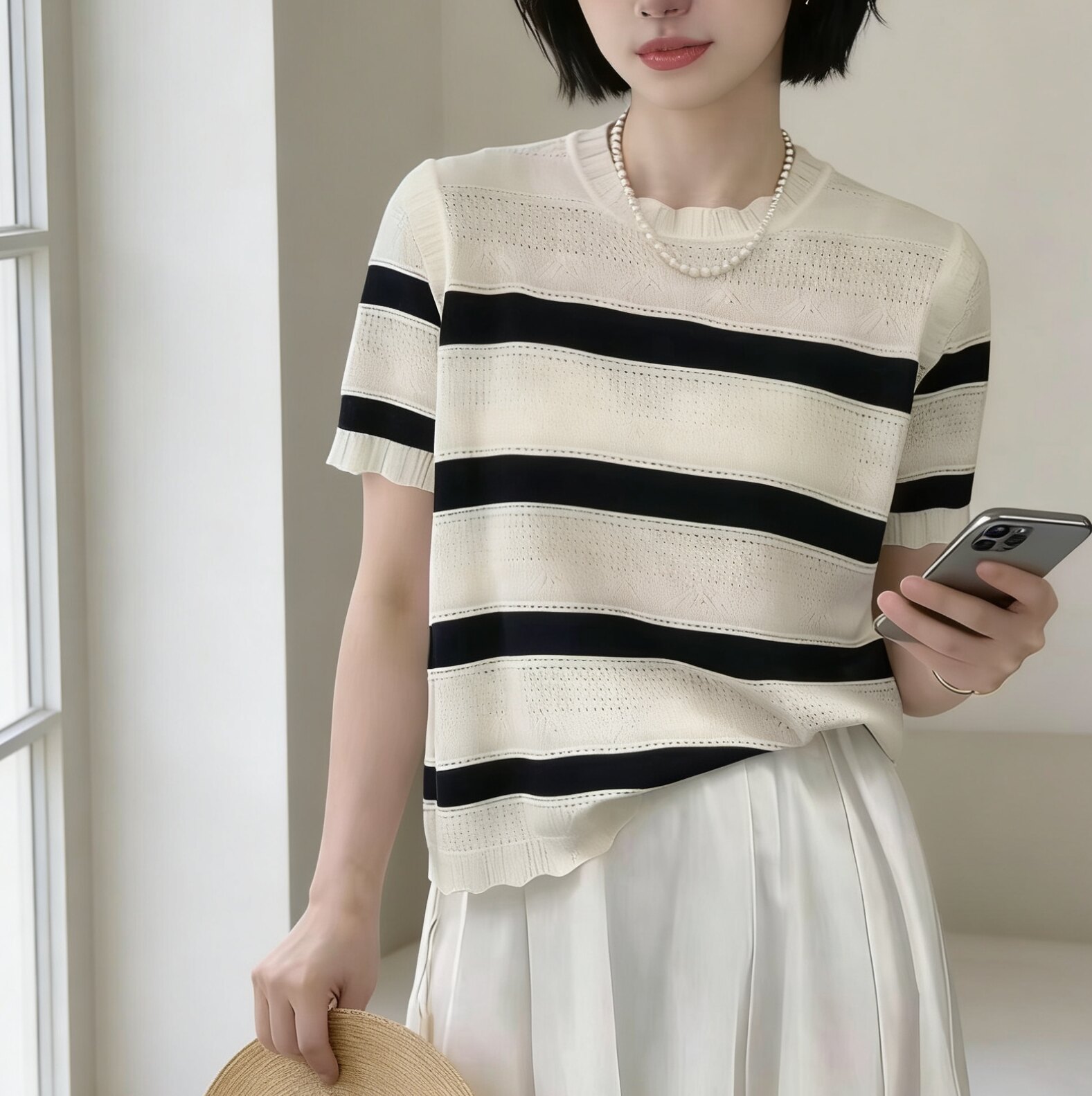 圣仕莲8615 显瘦圆领条纹针织衫女莱赛尔冰丝镂空短袖上衣外搭T恤