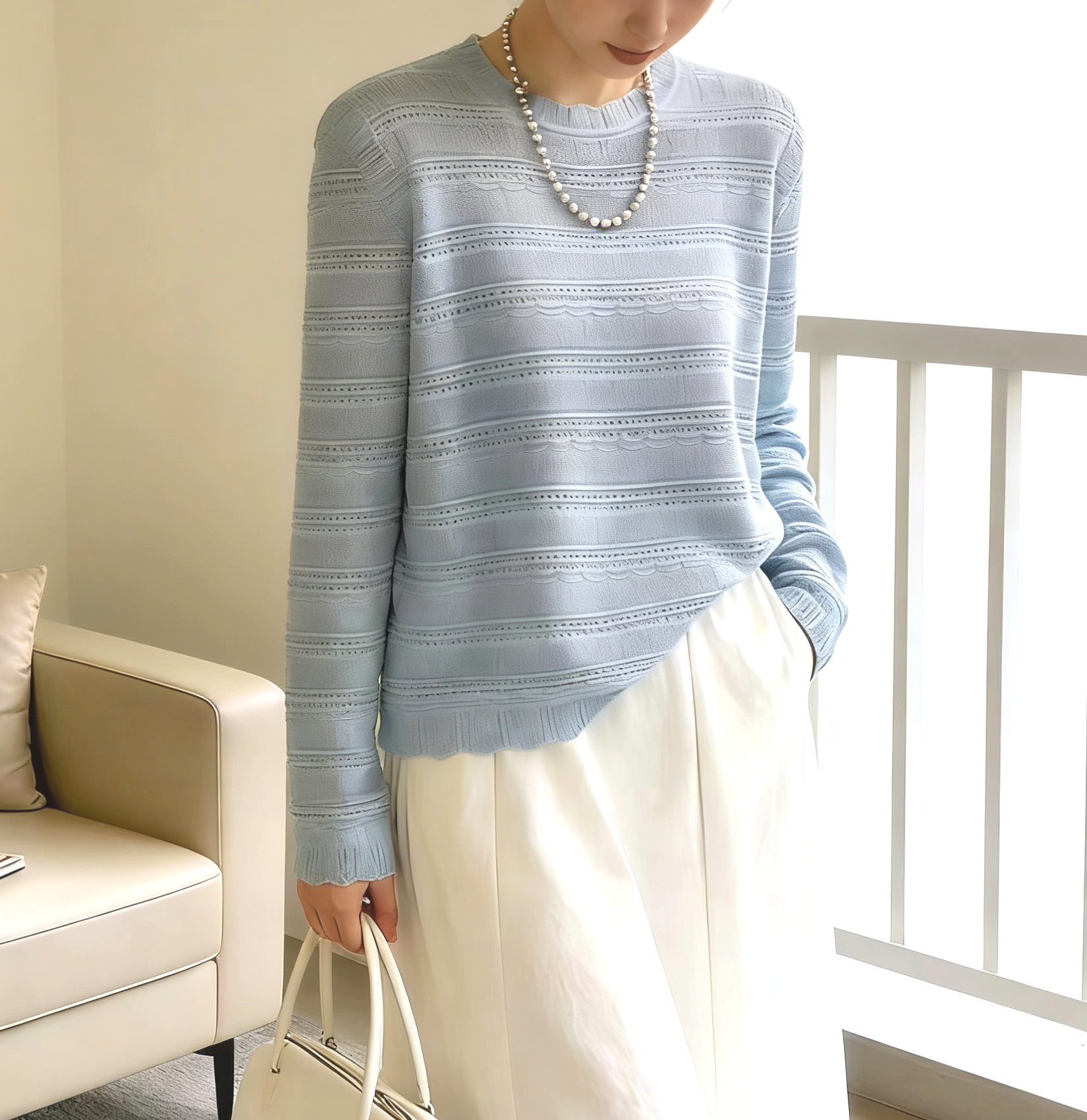 圣仕莲8603 显瘦花边圆领镂空针织套头衫女莱赛尔冰丝打底衫上衣T