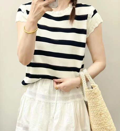 圣仕莲8375 显瘦圆领短袖天丝针织衫女莱赛尔条纹镂空上衣T恤衫夏