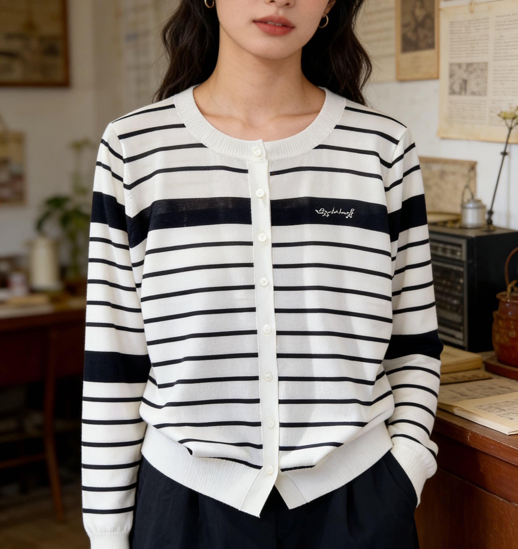 圣仕莲8285 显瘦桑蚕丝圆领条纹针织开衫天丝棉薄款防晒外搭上衣T