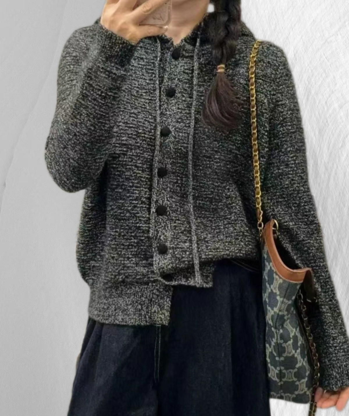 圣仕莲8477 显瘦连帽花钱针织开衫女布包扣灰色毛衣上衣外搭外套