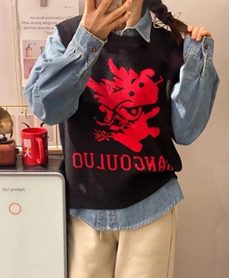 圣仕莲5928 毛衣外搭背心坎肩 龙提花圆领细羊毛针织马甲套头无袖