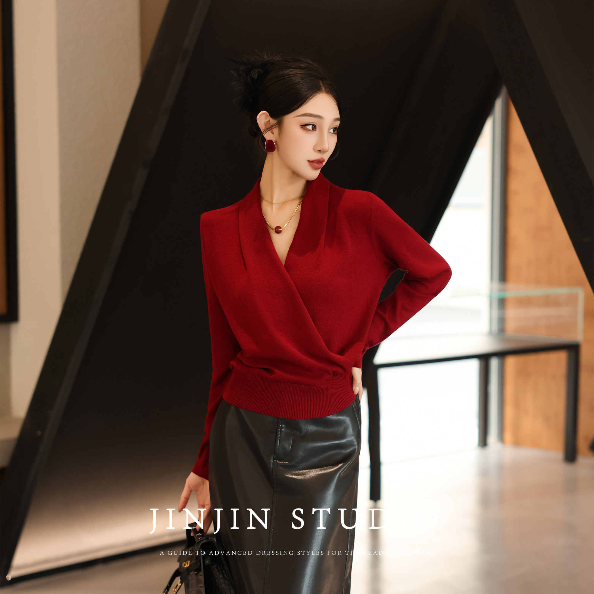 MD进进原创【知性老钱】2026极简V领套头针织衫交叉设计长袖上衣