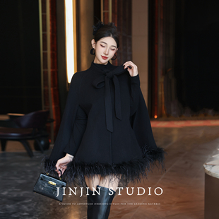 MD进进原创【优雅简行】2025冬千金风双面羊毛拼接鸵鸟毛斗篷外套