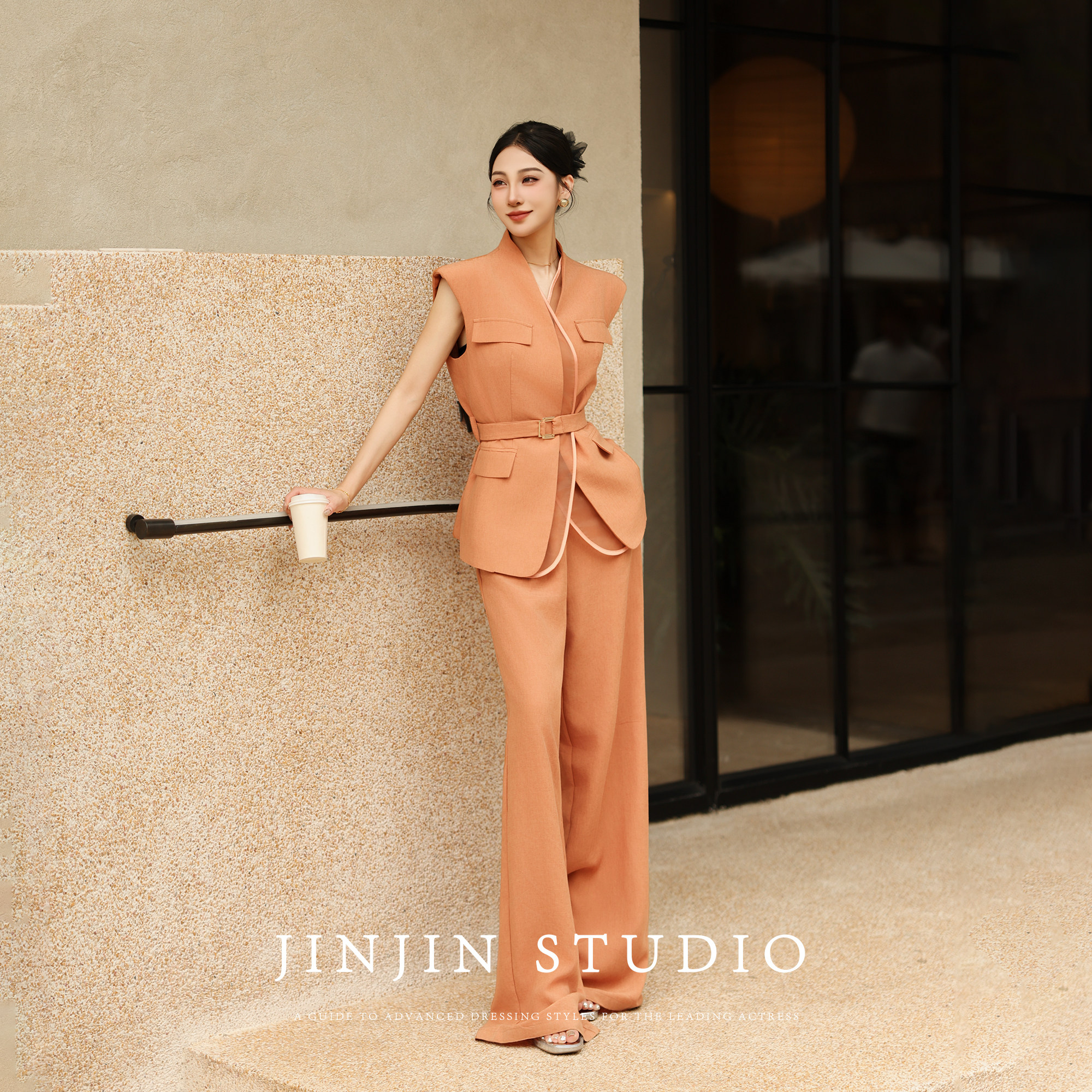 MD进进原创夏季老钱风亚麻西装马甲假两件拼接阔腿直筒裤套装