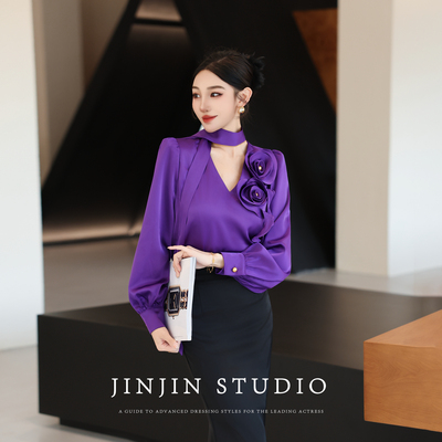 立体花朵正肩设计感飘带长袖衬衫